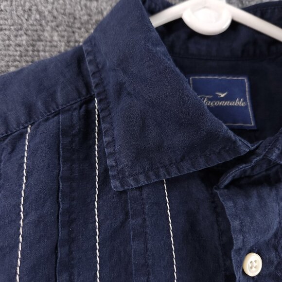 Faconnable Striped Small Linen Blue Shirt Mens Button Up Long Sleeve Pocket - Picture 5 of 14